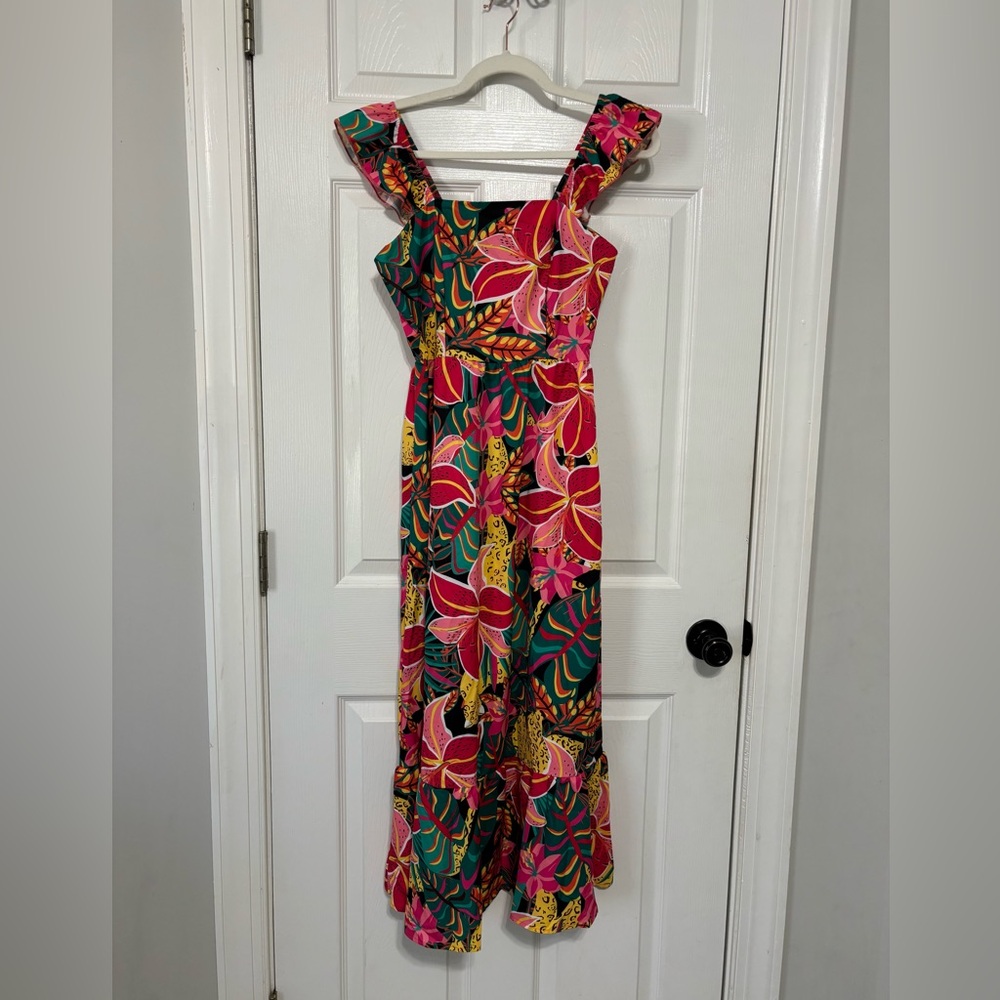 Tropical Floral Maxi Dress with Square Neck and Short Flutter Sleeves- S
